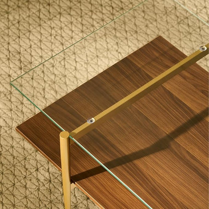 Saint Mossi Tadio X-Large Glass Coffee Table, Clear Double Layer Glass Coffee Table for Living Room, Clear Glass & Coffee Brown Bottom Shelf