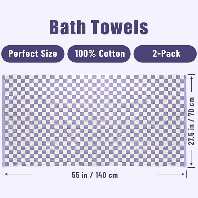 Jacquotha Shower Towels for Bathroom 27.5x55 Inches Quick Dry Bath Towels Soft & Lightweight 2Pack Cute Checkered Towel Sets Lilac