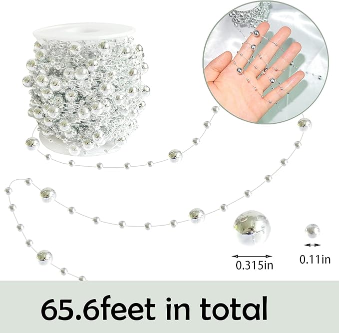 Christmas Tree Beads Garland Decoration,66 Feet Silvery Pearl Strands Chain for Christmas Tree Decor,Crafts and Holiday Décor