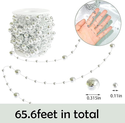 Christmas Tree Beads Garland Decoration,66 Feet Silvery Pearl Strands Chain for Christmas Tree Decor,Crafts and Holiday Décor