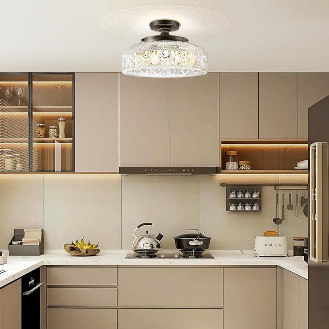 Lamomo Semi Flush Mount Ceiling Light,Upgraded Larger Bronze Hallway Light Fixture,3-Bulb Globe Glass Close to Ceiling Scone, Indoor Hanging Light for Bedroom Kitchen Porch Hallway,Bulbs Not Included