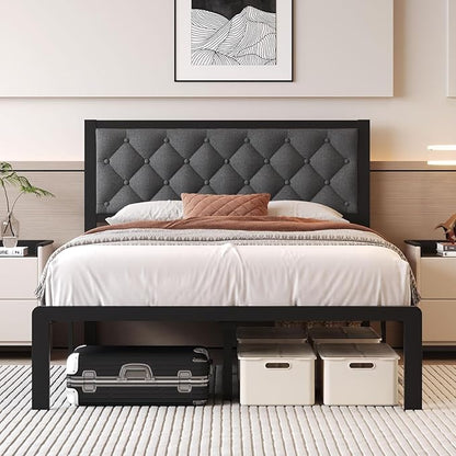 Full Bed Frame with Headboard Linen Upholstered Bed Frame Platform,All Metal Slats Support Platform Bed Frame with Storage Space,Easy Assembly,Noise Free,No Box Spring Needed,Grey