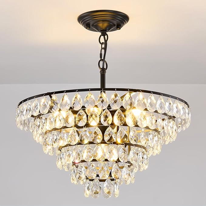 YYJLX Modern Crystal Chandelier 7 Light 20" Raindrop Black Ceiling Chandelier Adjustable Hanging Light Fixture for Dining Room Foyer Entryway Staircase Living Room