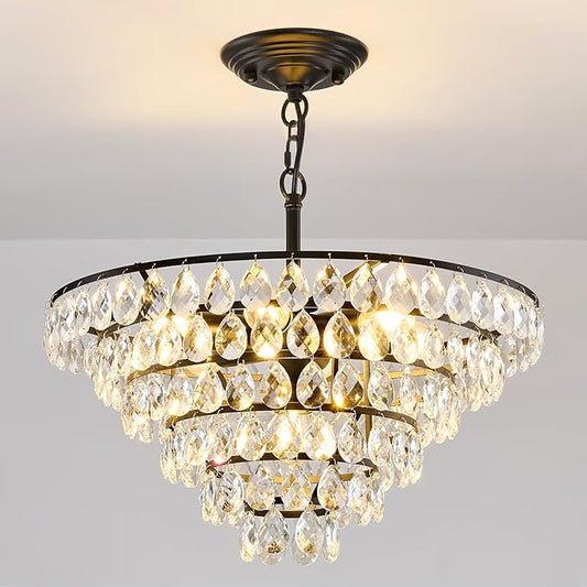 YYJLX Modern Crystal Chandelier 7 Light 20" Raindrop Black Ceiling Chandelier Adjustable Hanging Light Fixture for Dining Room Foyer Entryway Staircase Living Room