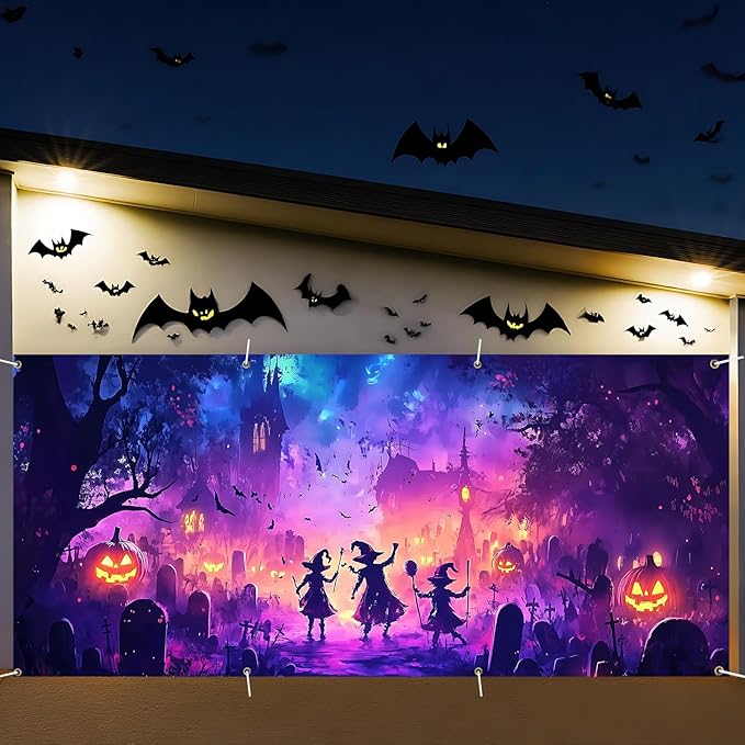 6 x 13 ft Halloween Garage Door Decorations Halloween decorations Witch Door Cover, Hanging Banner, Cauldron Backdrop Mural for Home, Outdoor, Indoor, Spooky Party, Wall, Window (Purple-2)