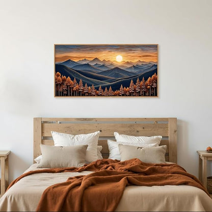 HOURIA Large Woodland Mountain Sunset Framed Canvas Wall Art Set,Wilderness Wooden Forest Landscape Wall Decor,Nature Botanical Artwork,Boho Pine Tree Art Print for Living Room,Bedroom- 40"x20"x1