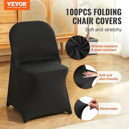 VEVOR Stretch Spandex Folding Chair Covers, Universal Fitted Chair Cover, Removable Washable Protective Slipcovers, for Wedding, Holiday, Banquet, Party, Celebration, Dining (100PCS Black)