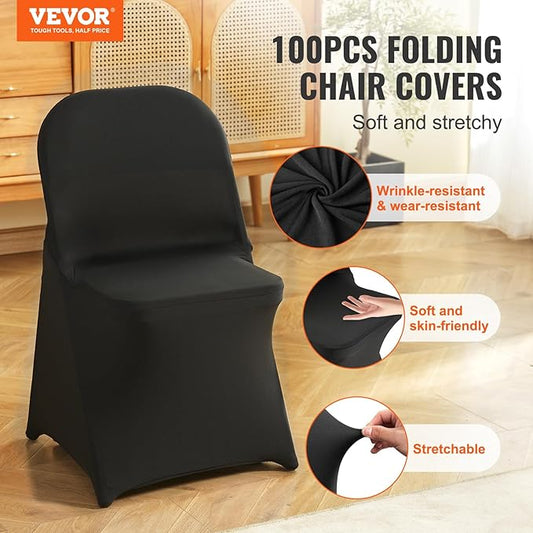 VEVOR Stretch Spandex Folding Chair Covers, Universal Fitted Chair Cover, Removable Washable Protective Slipcovers, for Wedding, Holiday, Banquet, Party, Celebration, Dining (100PCS Black)