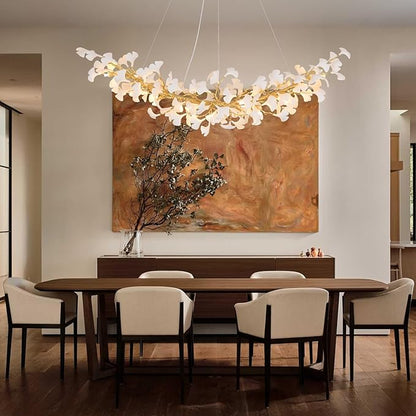 Modern Gold and Wtite Large Rectangle Tree Branch Dining Room Chandeliers, 72" Rectangle Ceramic Ginkgo Leaf Chandelier, Linear Chandeliers for Dining Room,Kitchen,Hanging Chandelier