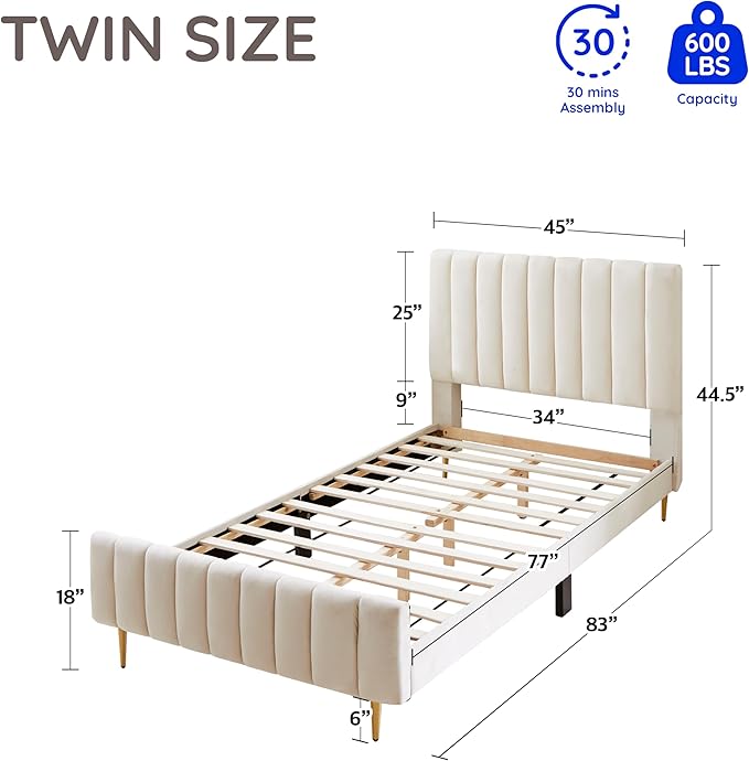 Livinia Twin Size Elton Velvet Platform Bed, Upholstered Bed Frame with Vertical Channel Tufted Headboard Footboard, Strong Wood Slats, No Box Spring Needed, Ivory (Twin)