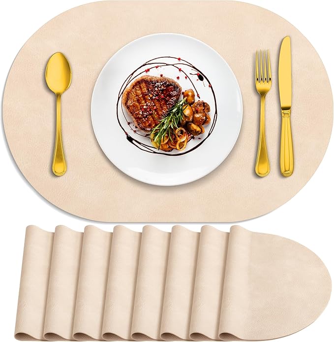 ADRIMER Placemats, Heat Resistant Oval Placemats Set of 8 Washable 12 x 17 Inch, Waterproof Table Mats, Wipeable Pu Place Mats for Kitchen, Dining Room, Beige