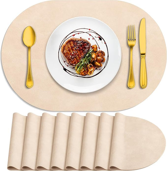 ADRIMER Placemats, Heat Resistant Oval Placemats Set of 8 Washable 12 x 17 Inch, Waterproof Table Mats, Wipeable Pu Place Mats for Kitchen, Dining Room, Beige