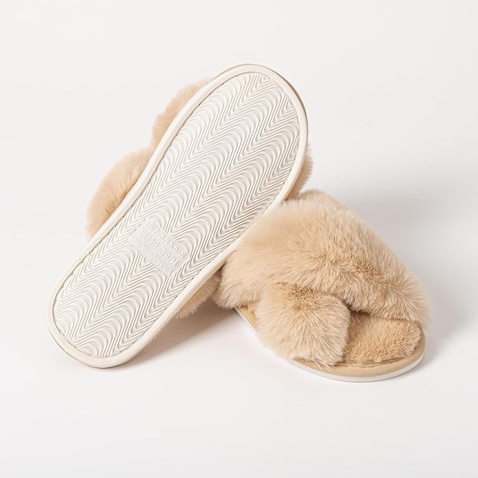 Women's Slipper Memory Foam Cross Band Fuzzy Slippers Open Toe Cozy House Slippers Cozy Plush Bedroom Indoor Outdoor