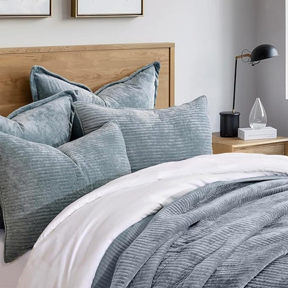 EVERGRACE Velvet Quilt Set King Size, Luxurious Soft Quilted Bedding Sets, Lightweight Velvet Comforter for All Season, Striped Channel Bedspread Coverlet with 2 Shams, 104" x 92", Blue Linen