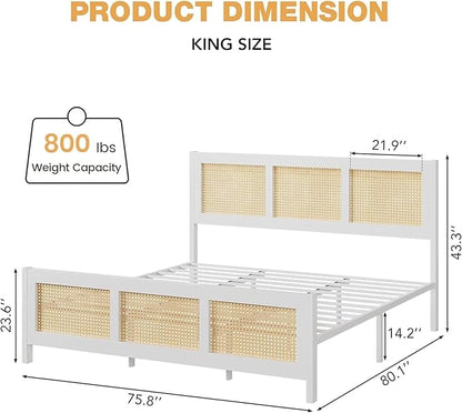 GarveeHome King Size Rattan Bed Frame with Headboard, White Boho Cane Platform Bed Frame with Strong Metal Slat, Noise Free, No Box Spring Needed