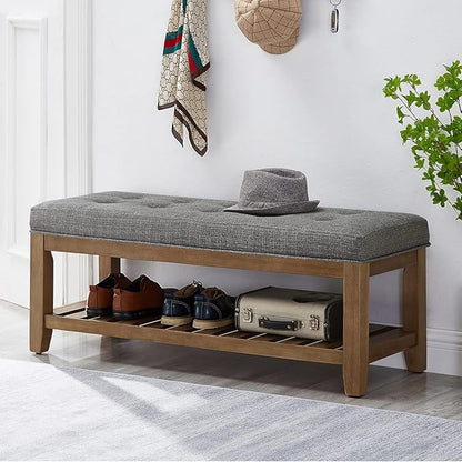 24KF Large Rectangular Upholstered Tufted Linen Fabric Ottoman Bench, Padded Bench with Solid Wood Shelf-Granite