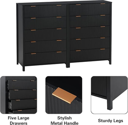 5 Drawer Double Dresser for Bedroom, Modern Wide Chest of Drawers with Fluted Panel Design,Wood Storage Dressers Chest of Drawers for Bedroom Living Room Hallway Closet,Black,2 Sets