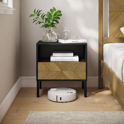 Bme Vivian Solid Wood Nightstand, End Table, Bedside Table with Herringbone Pattern for Rustic Bedroom, Easy Assembly, Rustic Seadrift and Black