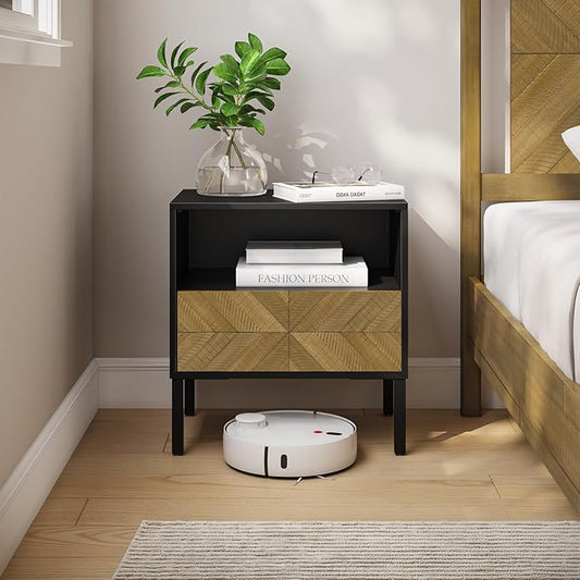 Bme Vivian Solid Wood Nightstand, End Table, Bedside Table with Herringbone Pattern for Rustic Bedroom, Easy Assembly, Rustic Seadrift and Black