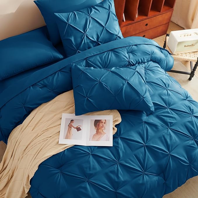 CozyLux King Size Comforter Set Teal, 7 Pieces Pintuck Bed in A Bag Teal Comforter King Size, Pinch Pleat Bedding Set with All Season Comforter, Sheets, Pillowcases & Shams