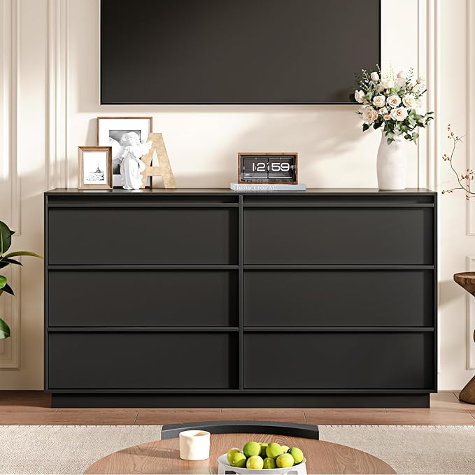 55.12" Modern Chest of Drawer, 6 Deep Drawers,Clothes Organizer,Large Storage Cabinet for Living Room, Bedroom,Dresser TV Stand, Wood Drawer Organizer for Living Room, Hallway,Black