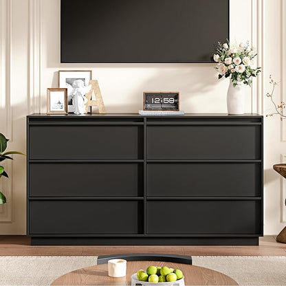 55.12" Modern Chest of Drawer, 6 Deep Drawers,Clothes Organizer,Large Storage Cabinet for Living Room, Bedroom,Dresser TV Stand, Wood Drawer Organizer for Living Room, Hallway,Black