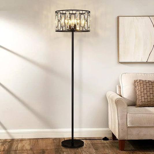 Wellmet Black Crystal Floor Lamp for Living Room, 4 Lights Modern Crystal Standing Lamp, Tall Elegant Floor Lamp with Foot Switch for Office, Reading Room, Bedroom, Dining Room, Entryway(E12 Base)