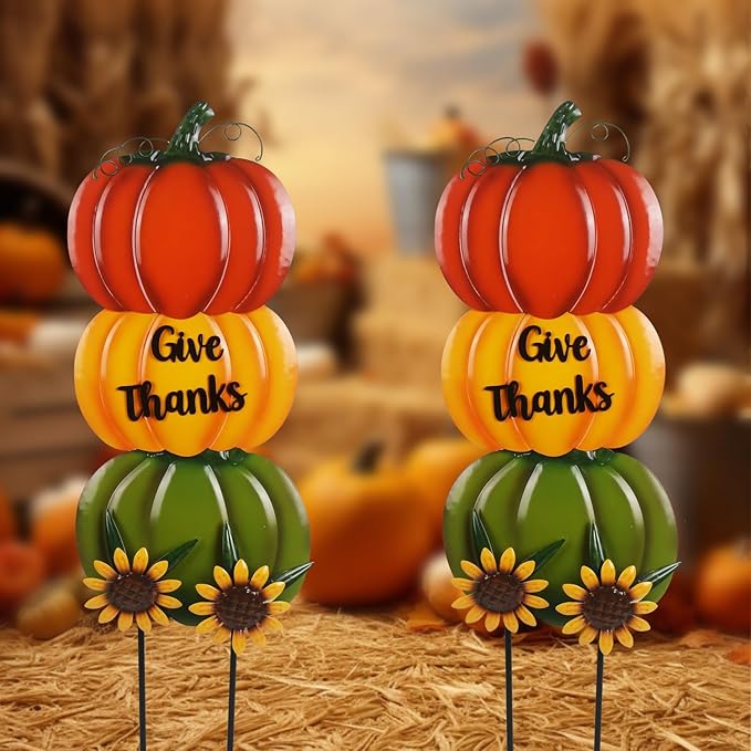 Pumpkin Yard Stakes Large 38.5" with Give Thanks Sign and Decorative Sunflowers, Fall Decorations for Home Outdoor Thanksgiving Decor and Fall Porch Decor