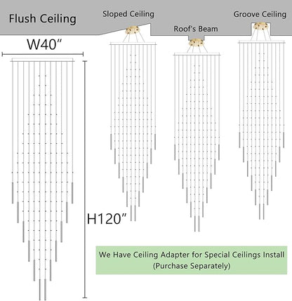 W40 x H120 Glam Chandelier with LED Bulbs Crystal Raindrop High Ceiling Pendant Light for Entrance Large Villa Chandelier Foyer Lighting Fixtures Gold