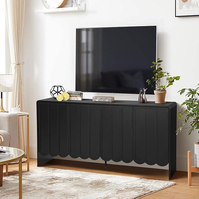 ORRD Sideboard Buffet Cabinet, Accent Storage Cabinets with 4 Doors, Farmhouse Wood Cabinet with Adjustable Shelves and Wave Panel for Living Room, Dining Room, Entry - Black