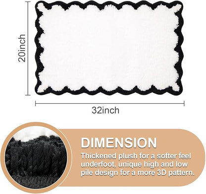 ORTIGIA White Bathmat Non Slip with Black Scallop, Quick Dry Bath Rug Absorbent Soft Plush Microfiber Bath mat for Bathroom Floor for Sink Bedroom, 20x32