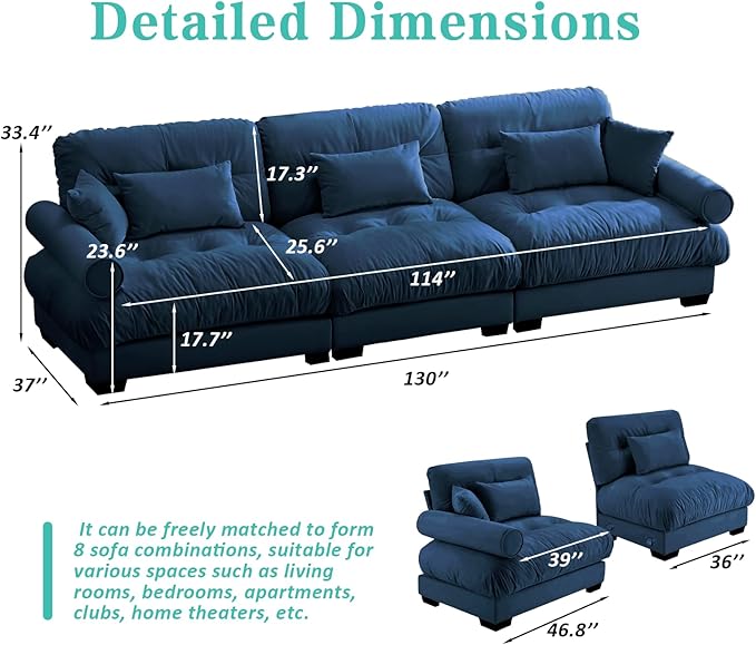 SoarFlash 130” Sectional Sofa 3 Seat Couch, L Shaped Modern Sofa with Solid Wood Legs, Couches Sofas for Living Room Apartment, Comfortable Small Couches for Small Spaces, Blue