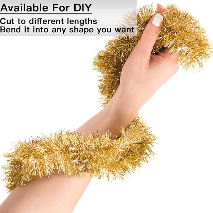 Jishi 50 FT Christmas Garland Gold Tinsel Garland Christmas Tree Decorations - Non-Lit Xmas Holiday Decor Outdoor Indoor Home Garden Outside Wedding Party Artificial Thick Gold Decorative Garland