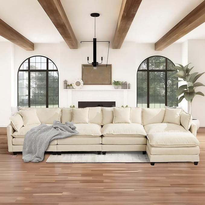 SoarFlash 143.2" Chenille Sectional Sofa, Comfy L Shaped Modular Coush Sofa with Ottoman, Modern 4 Seat Couch Deep Seat Sofa Set for Living Room,Beige