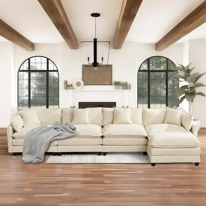 SoarFlash 143.2" Chenille Sectional Sofa, Comfy L Shaped Modular Coush Sofa with Ottoman, Modern 4 Seat Couch Deep Seat Sofa Set for Living Room,Beige