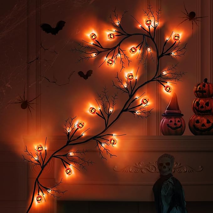 [ 8 Modes & Timer 6 Ft 54 LED Halloween Willow Vine Twig Decor Garland with 18 Pumpkins Orange Lights Waterproof Battery Operated Halloween Decorations for Home Wall Mantle Fireplace Decor