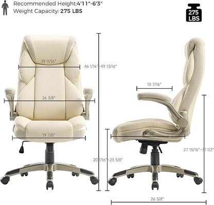 EUREKA ERGONOMIC Galene Executive Office Chair Flip Up Arm Rest, Ergonomic Desk Chair Faux Leather Computer Chair, High Back Office Chair with Headrest, Home Desk Chairs with Wheels, Beige
