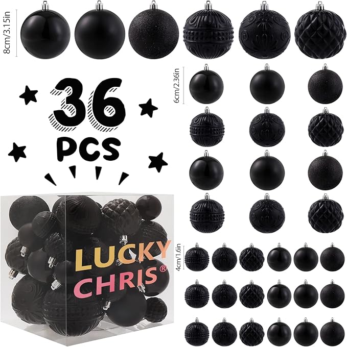 Christmas Ball Ornaments Black Christmas Tree Decorations with Hang Rope-36pcs Shatterproof Christmas Ornaments Set with 6 Styles in 3 Sizes(Small Medium Large)