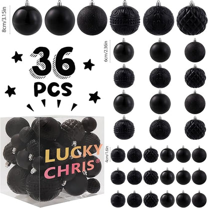 Christmas Ball Ornaments Black Christmas Tree Decorations with Hang Rope-36pcs Shatterproof Christmas Ornaments Set with 6 Styles in 3 Sizes(Small Medium Large)