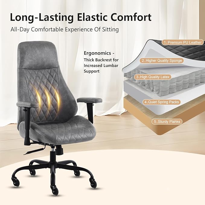 YFO Home Office Chair High Back Office Rubber Chair Casters Ergonomic Computer Chair with Lumbar Support Adjustable Height Rolling Swivel Chair Executive Task Armrests, Grey Leather