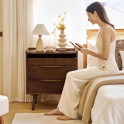 HULALA HOME 2 Drawer Nightstand with Charging Station, Mid-Century Modern Bedside Tables with Wood Legs, Wood Night Stand with Pull-Out Shelf, Walnut