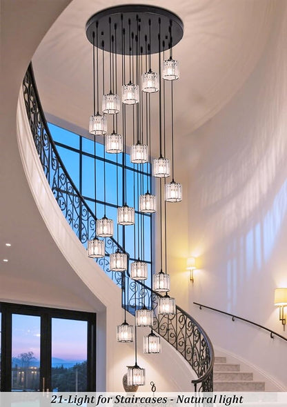 Long Chandeliers for High Ceilings,Modern Crystal Pendant Light,Raindrop Drop Lamp,Hanging Lighting Fixtures for Spiral Staircase,Foyer,Entryway,Living Room,Black (21 Lights)