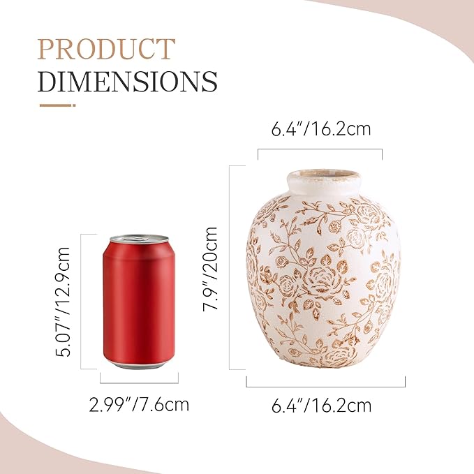 Ceramic Vintage Vase, Flower Decorative Vase Chinoiserie Decor Rustic Farmhouse Retro Floral Vases for Table Bookshelf Mantel Kitchen Living Room Office - 7.8inch Brown