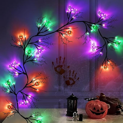 [ 8 Modes & Timer ] 6 Ft 54 LED Halloween Willow Vine Twig Decor Garland with 6 Bats & Pumpkins & Spiders Lights Waterproof Battery Operated Halloween Decorations Home Wall Fireplace Decor