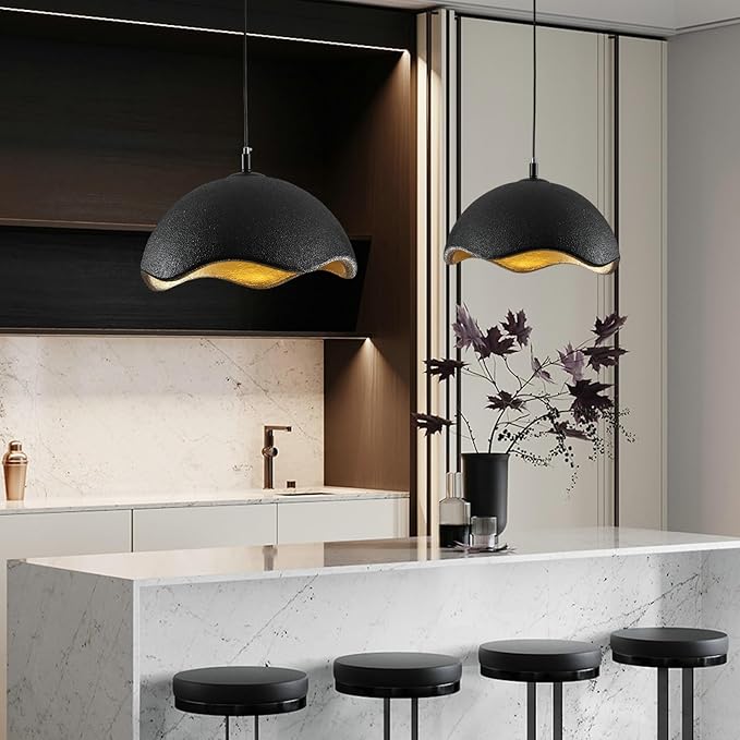 JAYMP 40cm Modern Pendant Light for Dining Room Kitchen Island Hanging Lamp E26 Base Japanese Wabi-Sabi Style Bird Nest Shape Lighting Fixture,1 Pack(Black and Gold,D Shape, 40cm/15.7inch)