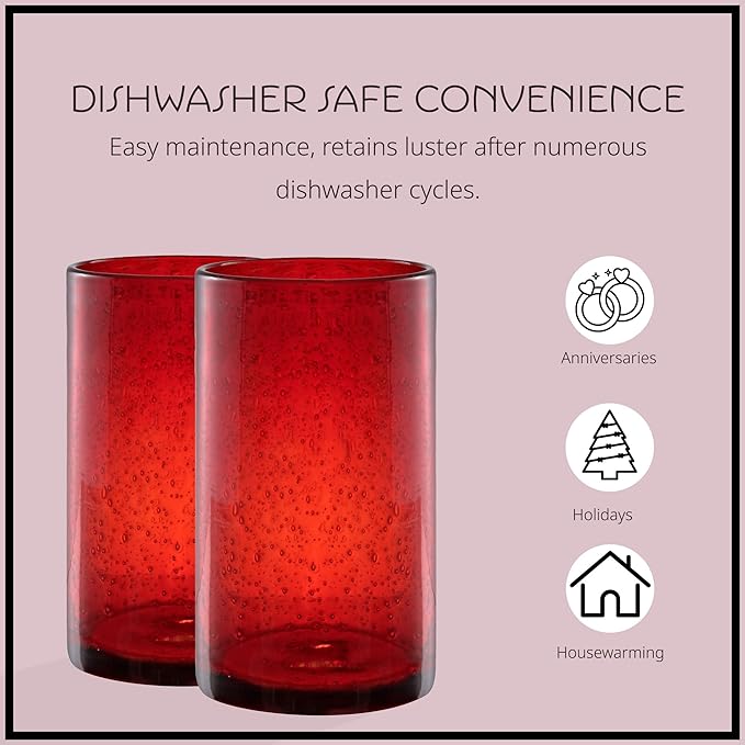 Artland 17oz Highball Tumbler, Set of 4 | Iris Seeded Design, Ruby Red | Drinking Glass for Parties and Everyday Use - Mojito, Whiskey, Cocktail | Glassware & Kitchenware Essentials