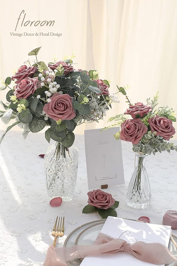 Floroom Artificial Flowers 50pcs Real Looking Dusty Rose Foam Fake Roses with Stems for DIY Wedding Bouquets Bridal Shower Centerpieces Floral Arrangements Party Tables Home Decorations