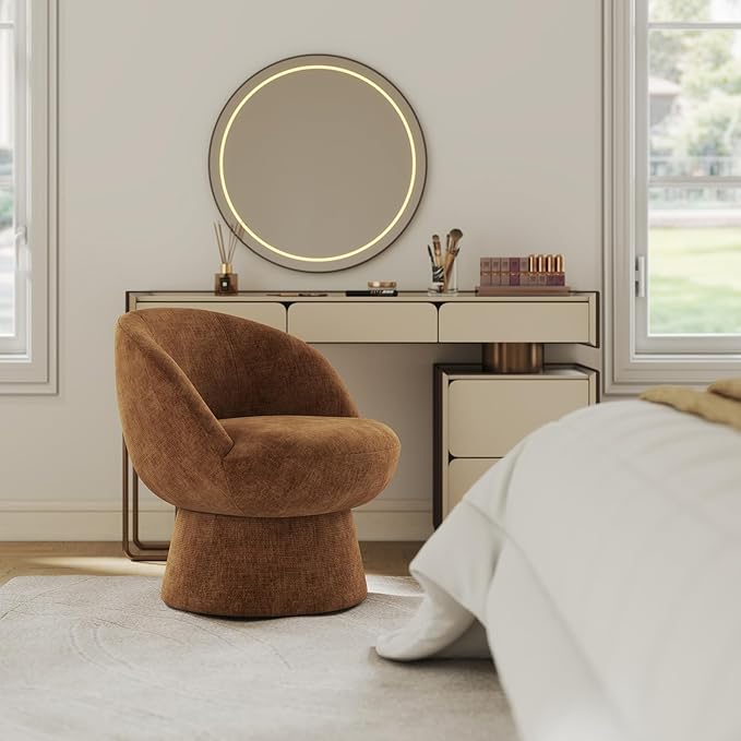 360° Swivel Accent Chairs Set of 2, Modern Brown Chenille Upholstered Round Barrel Chair with Curved Back, Bucket Vanity Armchair for Small Space,Living Room, Bedroom