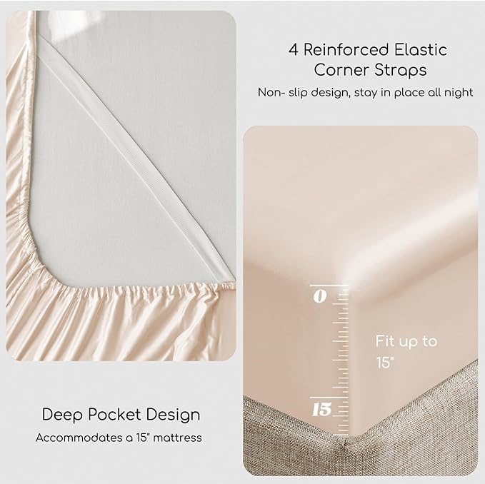 MR&HM Satin Bed Sheets, King Size Sheets Set, 4 Pcs Silky Bedding Set with 15 Inches Deep Pocket for Mattress (King, Beige)