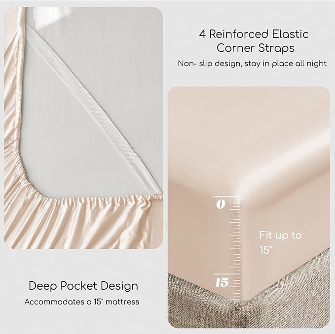 MR&HM Satin Bed Sheets, California King Size Sheets Set, 4 Pcs Silky Bedding Set with 15 Inches Deep Pocket for Mattress (California King, Beige)